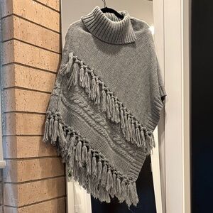 Cejon grey turtleneck fringe knit poncho